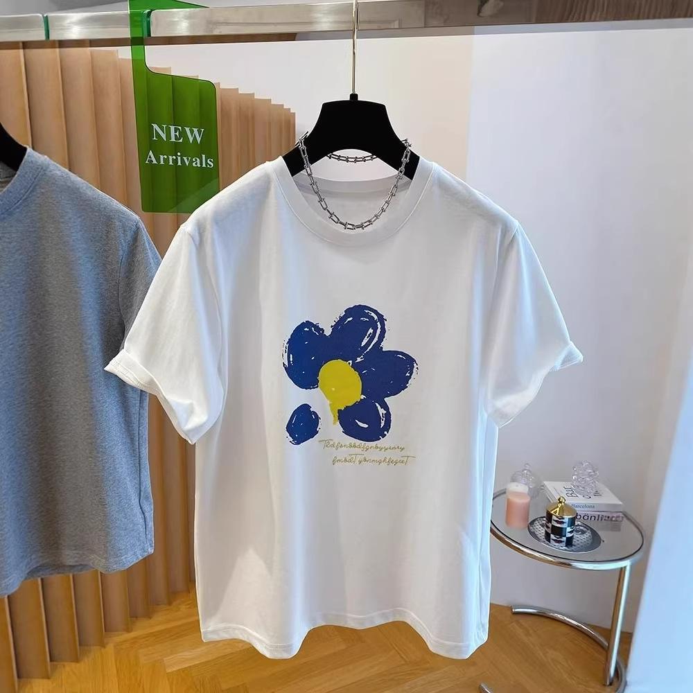 Korean Retro Floral Print Cotton Round Neck Women's Loose T-Shirt