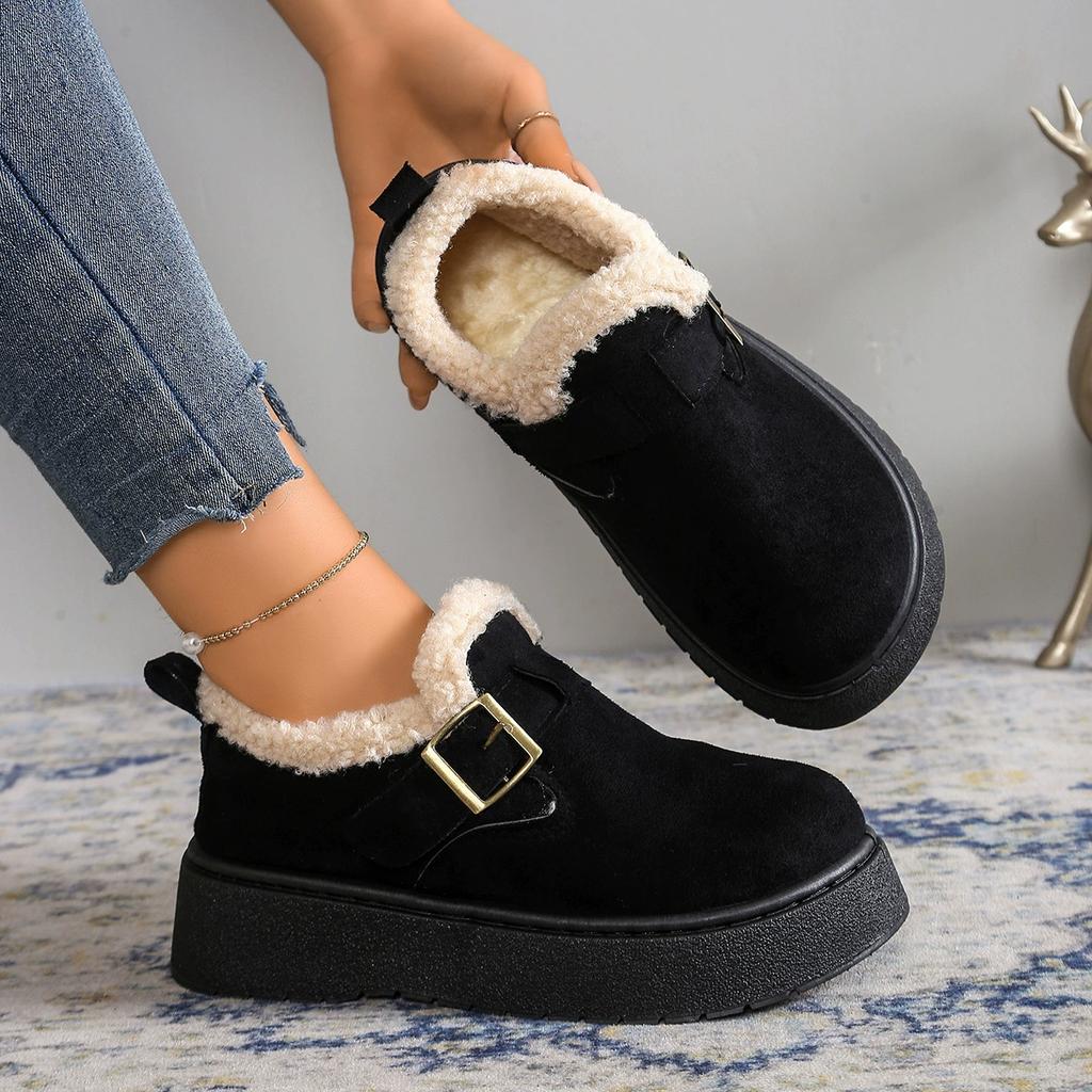Autumn and Winter Suede Thick-Soled Fleece-Lined Ankle Boots with Metal Buckle Decoration Warm Snow Boots Retro Casual Height-Increasing Women's Shoes