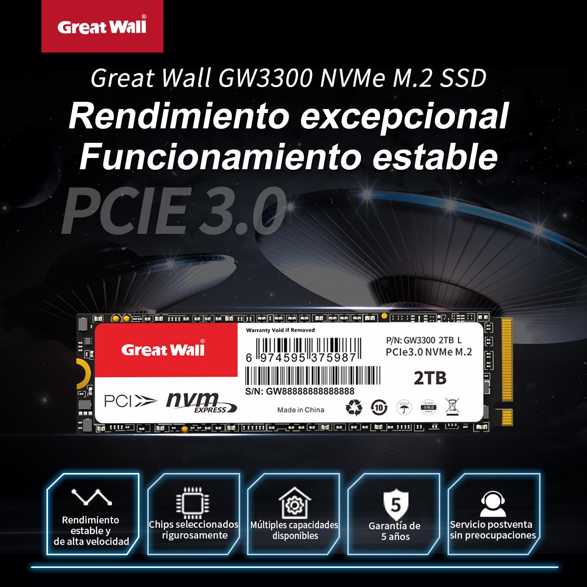 

Вбудований жорсткий диск Great Wall GW3300 Pcle3.0 NVMe M.2 2280 3D TLC NAND 128 ГБ/256 ГБ/512 ГБ/1 ТБ/2 ТБ SSD 2TB чорний