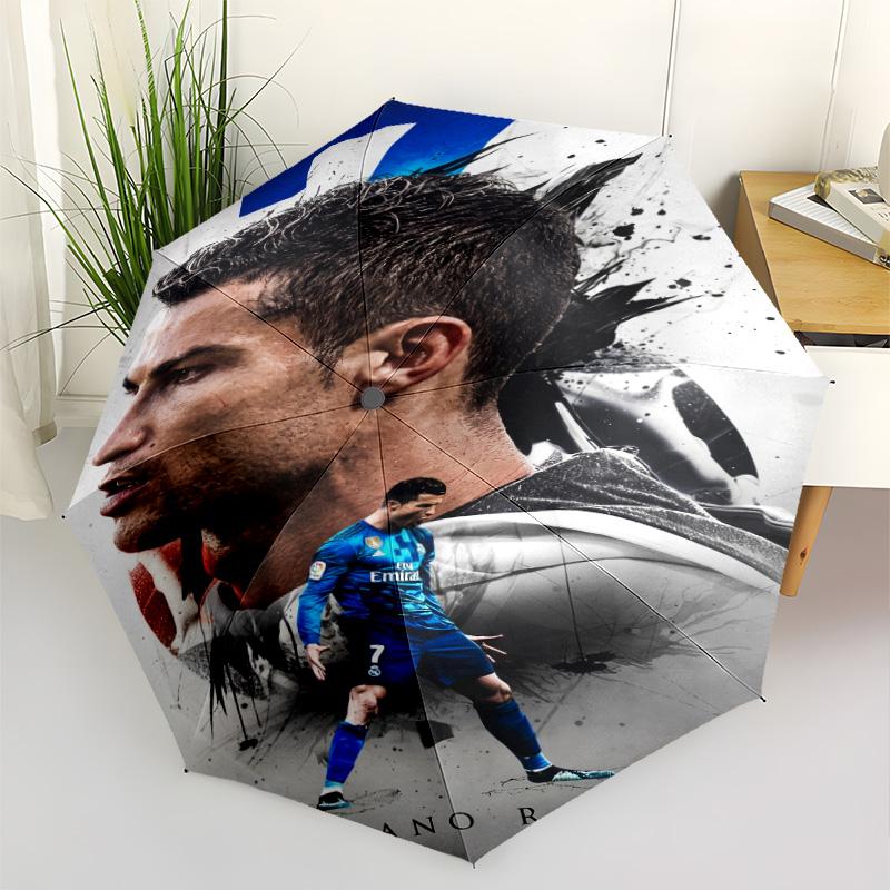 Ronaldo's Soccer Legend Compact Travel Automatic Umbrella with 8-Rib Durable Plastic & Iron Perfect for Outdoor Adventures Vibrant Pattern Umbrella
