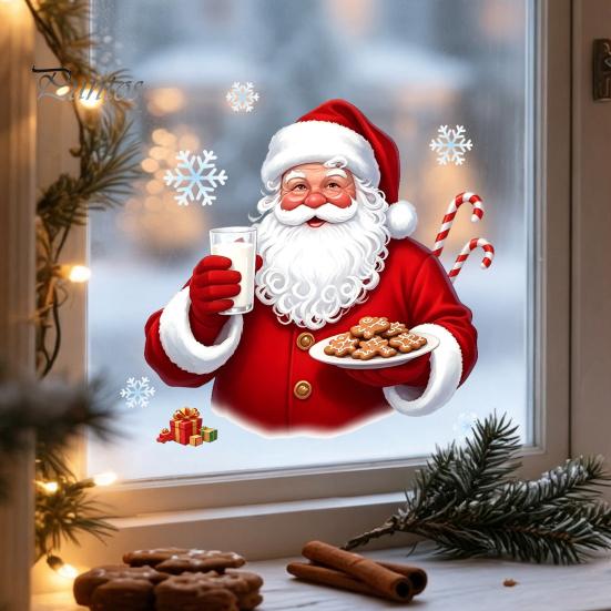 Reusable Static Window Film Christmas Santa Claus Clings, Holding Milk And Cookies Creative Holiday Gifts for Friends Glass Decals, Winter Sticker
