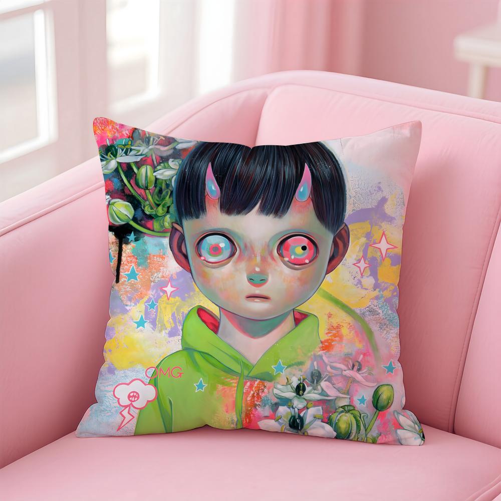 Whimsical Japanese Abstract Art Cute Emo HHikari Shimoda Cushion Cover Pillow Case Soft Skin Friendly Fabric Concealed Zipper