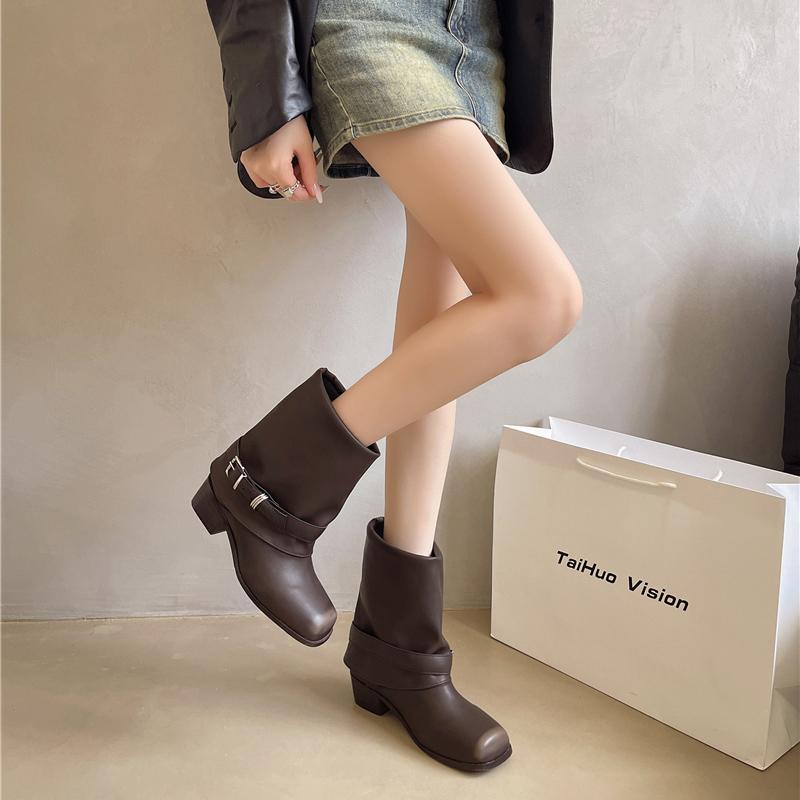 Square Toe Women Western Cowgirl Boots Fashion Belt Buckle Shoes Autumn Winter Thick Heel Ladies Knight Short Booties