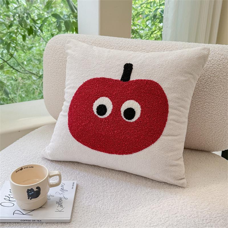INS Style Green Stripe Pillow Cover Cute Cartoon Apple Dog Embroidery Soft Flock Cushion Cover For Living Room Home Decoration