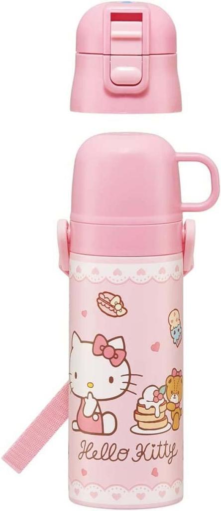Skater Kinder Edelstahl Wasserflasche, 2-Wege-Design, 470ml (Direktes Trinken) oder 430ml (Tasse Trinken), Hello Kitty Design, Leichtgewicht, Isoliert,