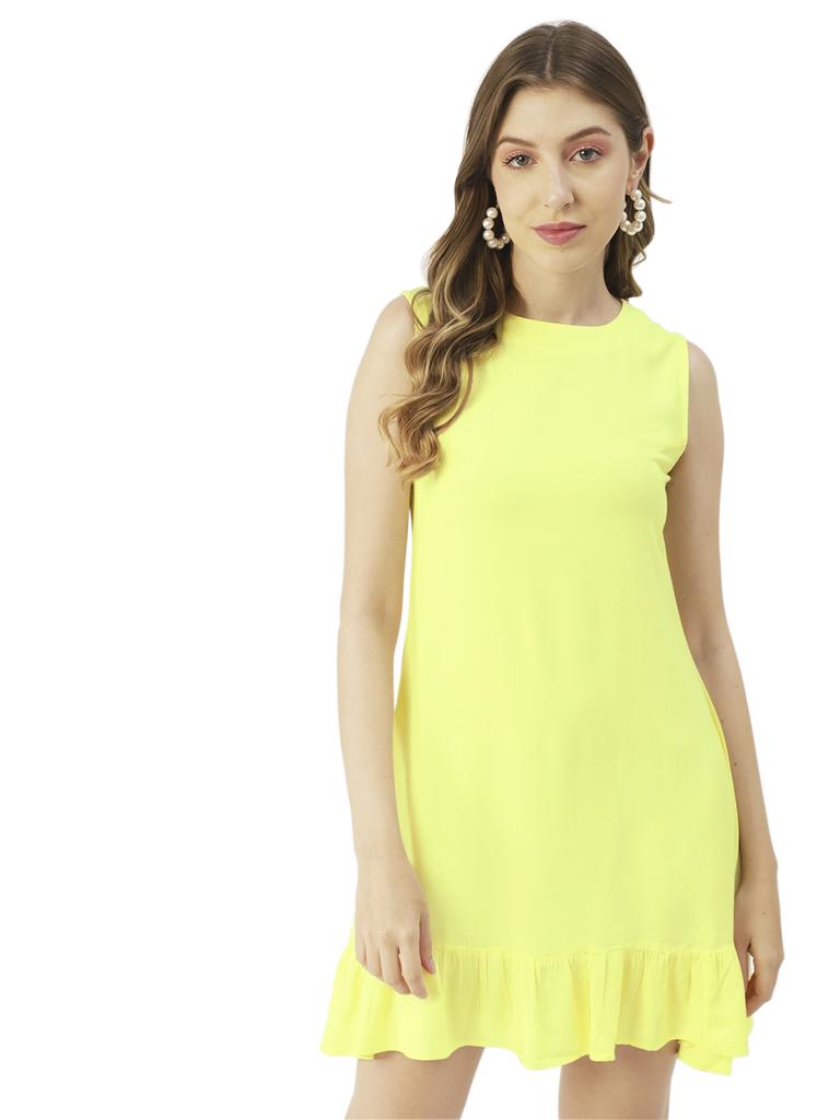 Moomaya Women  S Printed Short Dress, Sleeveless Frilled Hem Round Neck Mini