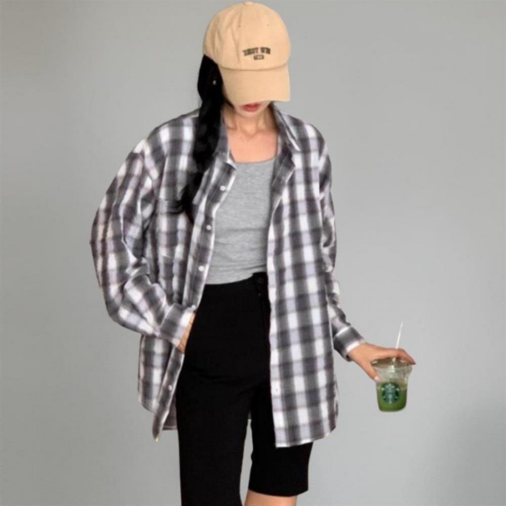 New Arrivals Open Run Women Check Pattern Cotton Blend Loose Fit Long Sleeve Shi
