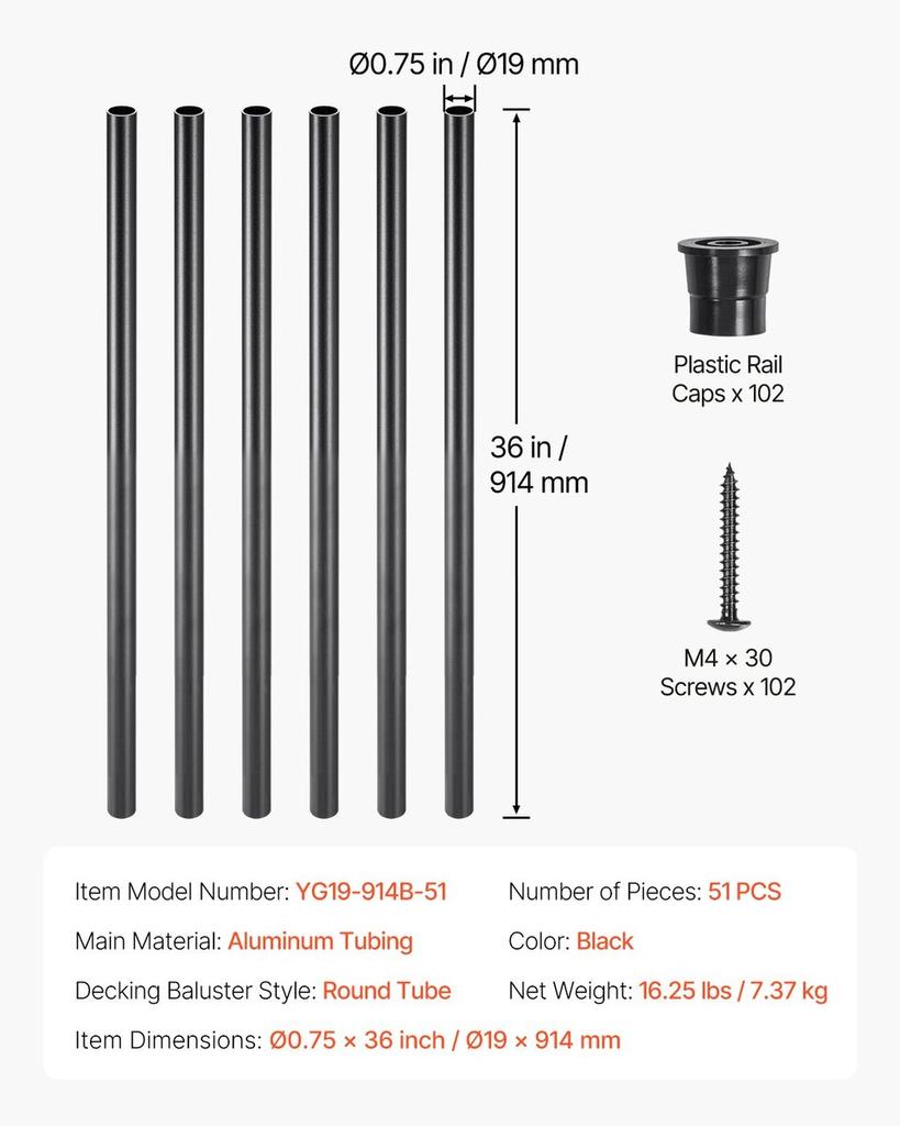 Staircase Balusters 51 Pack 36 In Aluminum Spindles with Screws/Rail Caps