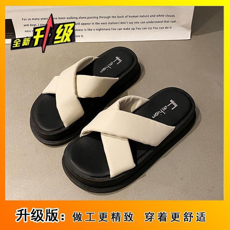 Stepping on shit feels comfortable with thick bottom, one-word muffin, casual style cross, one-word cool slippers, outer wear 2025 summer and autum