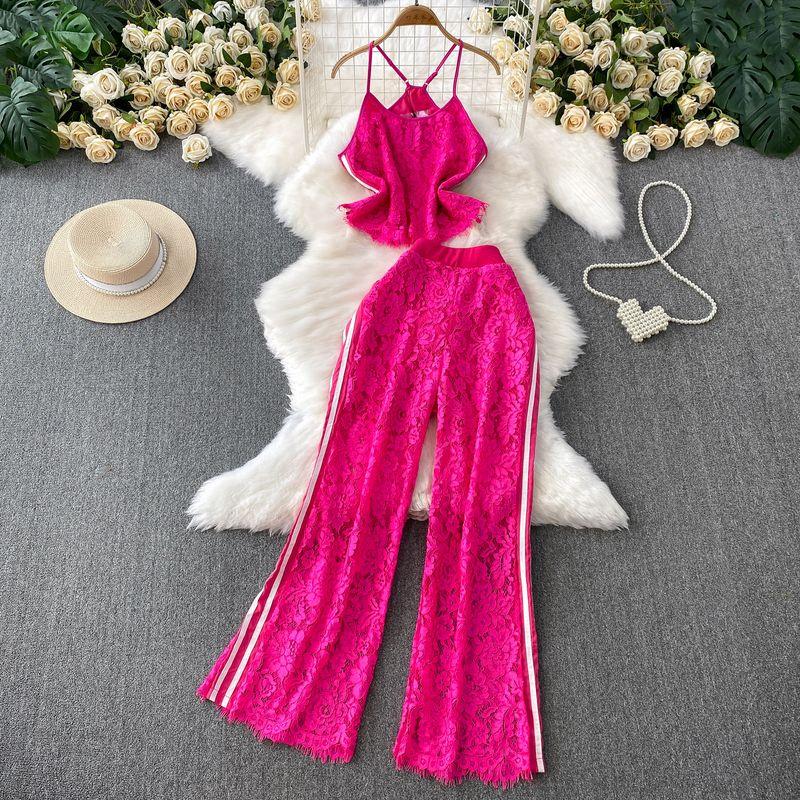 Pure Desire Style Sexy Lace Short Hanging Neck Sling + Contrast Color Stripe Gyaru High Waist Slimming Wide Leg Pants Two-piece Set