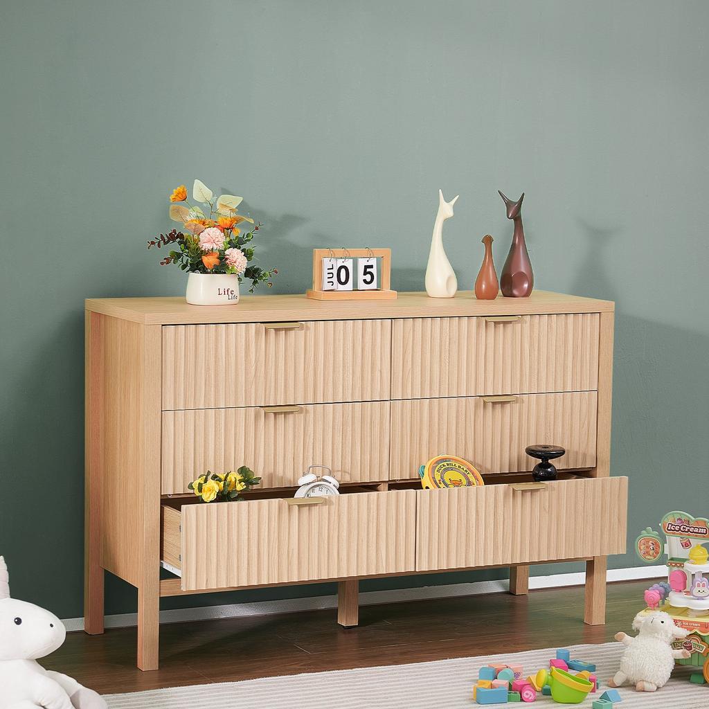 VEVOR 6 Fluted Drawer Dresser, Wooden Chest of Drawers with Sliding & Anti-tip Device, Modern Minimalist Dresser Chest