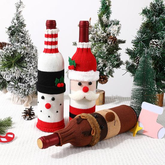 Christmas Wine Sweater Cover Handmade Knitted Cartoon Santa Snowman Reindeer Bottle Sleeve for Winter Dining Table Decoration