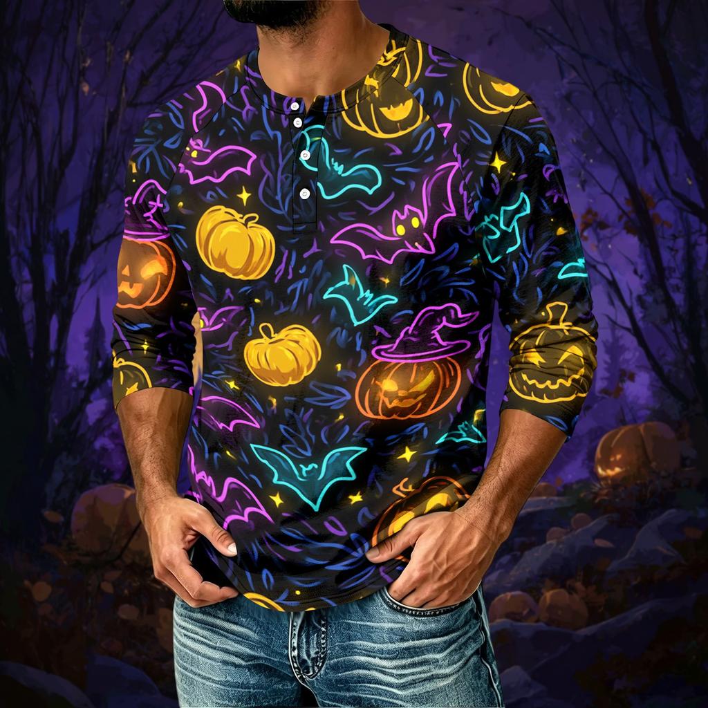 Men's Casual Halloween Print Raglan Three-Quarter Sleeve Shirt