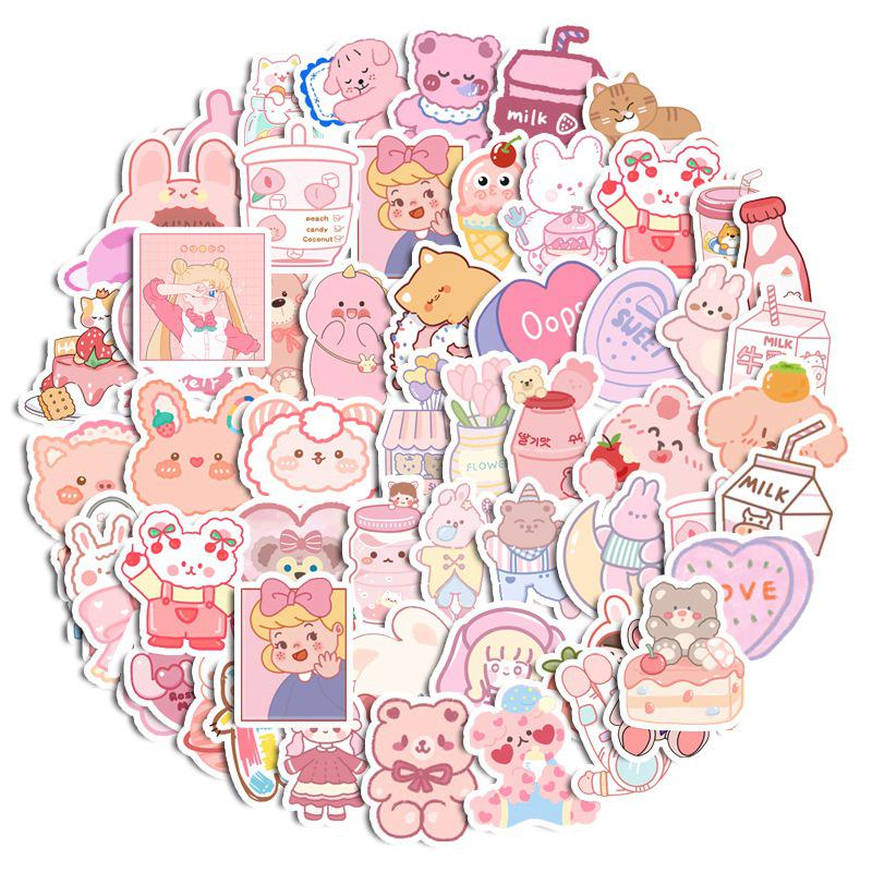 Waterproof Cute Bear & Rabbit Emoji Planner Stickers, Pink Series, for Phone Case & Water Bottle Decoration, Traceless Design