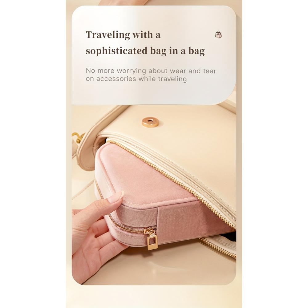 Cutie de bijuterii din catifea cu 3 straturi și fermoar, cutie de depozitare, cârlig pentru colier, poate depozita cercei, coliere, inele, ceasuri, accesorii de păr, potrivită pentru cadouri