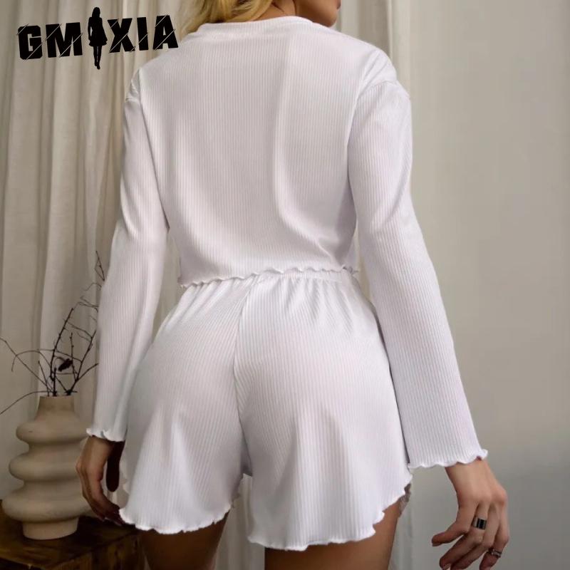 GMXIA Long Sleeve Shorts Autumn and Winter O-Neck Pajamas Two Piece Women's Home