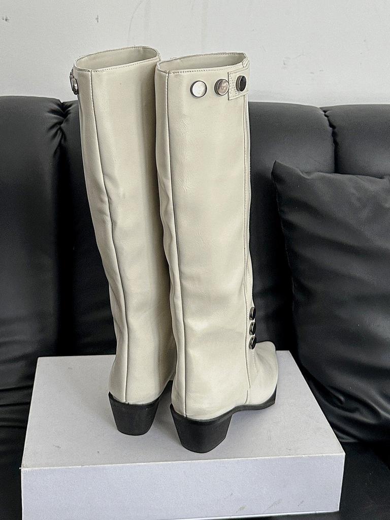 White high-heeled trousers knight boots women's shoes 2025 new spring and autumn winter brown rivets stacked pointed long boots
