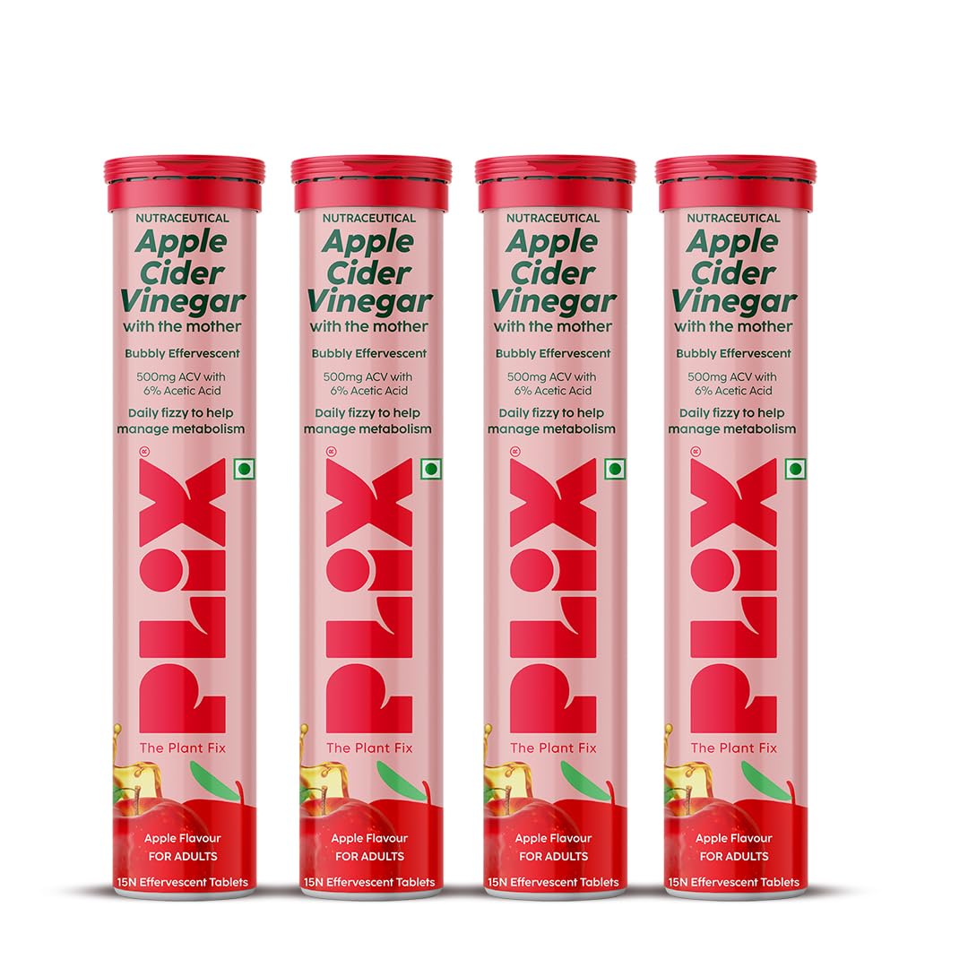 

Plix Apple Cider Vinegar Effervescent Tablets with Vitamin B6 B12 Apple Pack OF 4 X 15 Tab Each