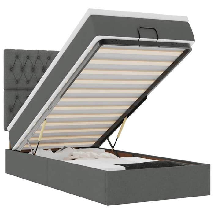 Cadre de lit avec matelas - 90x190 cm - Gris foncé - Rangement sous le lit - Mécanisme de levage hydraulique