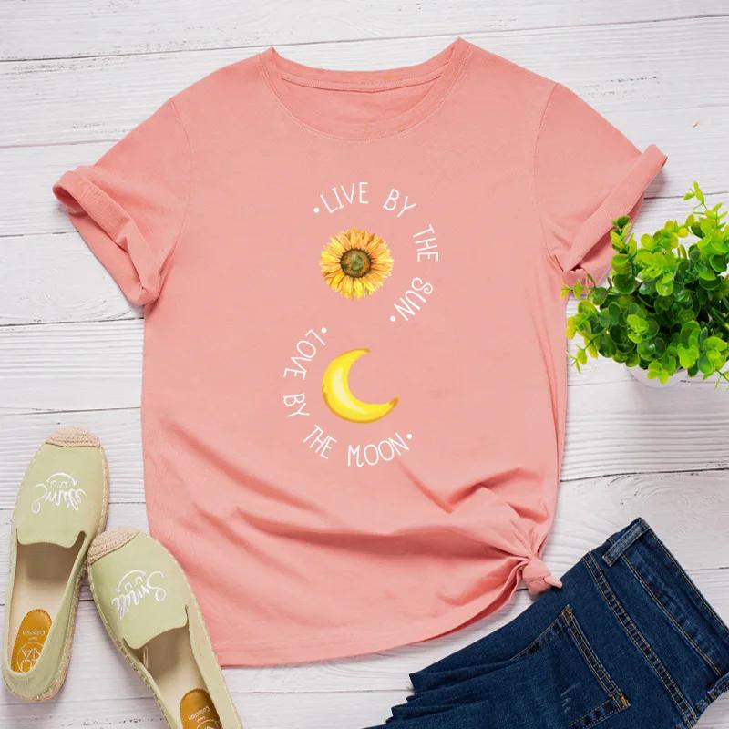 Golden Moon Sun Print Women T Shirt Short Sleeve O Neck Loose Women Tshirt Ladies Tee Shirt Tops Clothes Camisetas Mujer