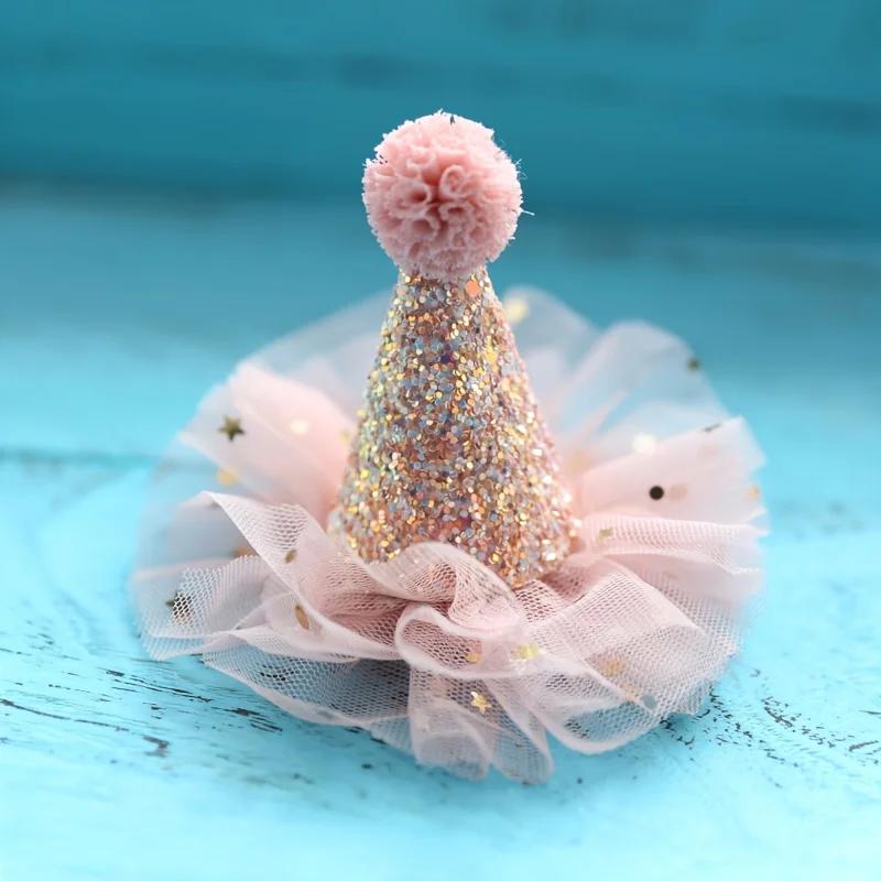 

1PC Sparkling Sequin Party Hat with Pink Tulle Bow & Floral Decor, Polyester Celebration Headwear for Birthday Photoshoot Events