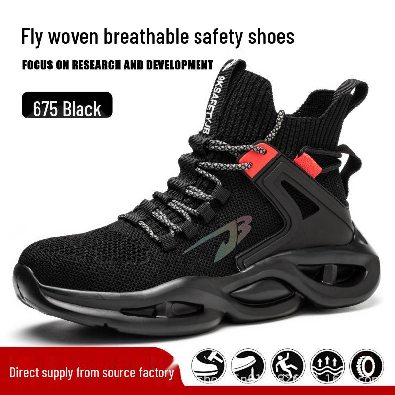 High-top Flyknit Breathable Steel Toe Safety Shoes - Anti-smash, Anti-puncture for Comfortable, Durable Labor Protection.