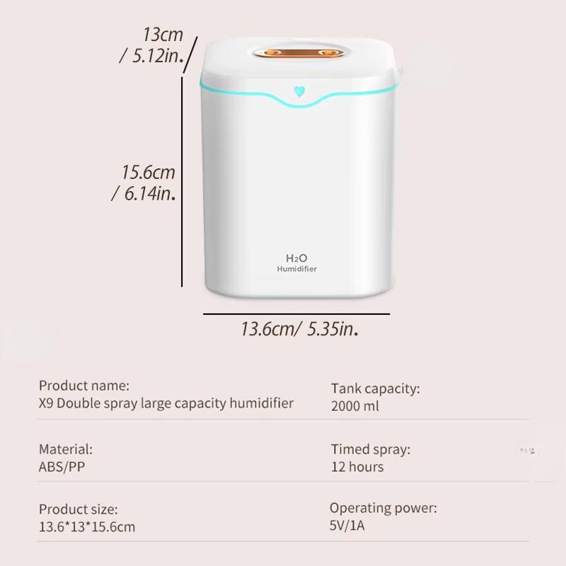 Large Capacity 2L Double Spray Humidifiers USB Ultrasonic Silent Diffuser Cool Mist Maker Air Purifier for Office Difusor ml
