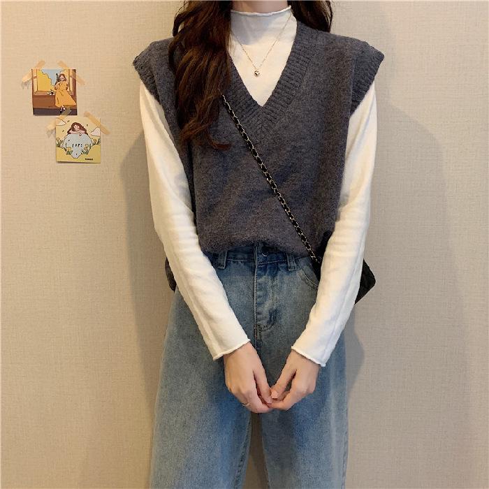 Damen Strick V-Ausschnitt Ärmelloser Pullover Weste - Lockere Passform, Unifarbe für Frühling und Herbst.