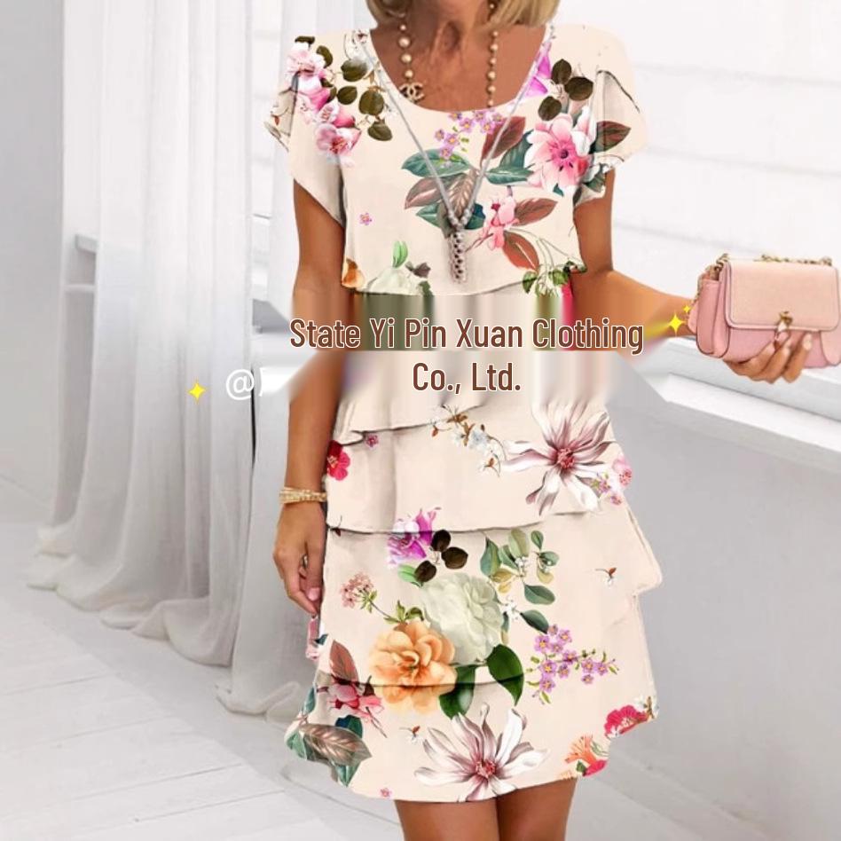 European and American 3D Print Short Sleeve Chiffon Dress