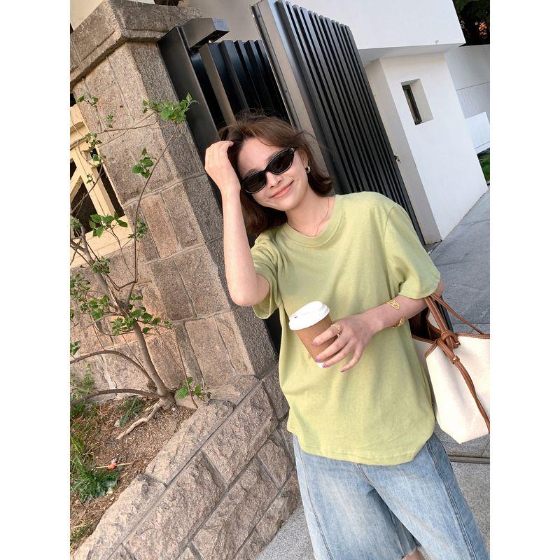 Lickysenior French Rain Linen Tee Women Spring and Summer New Loose All-Match Casual Commuter Short Sleeve Top