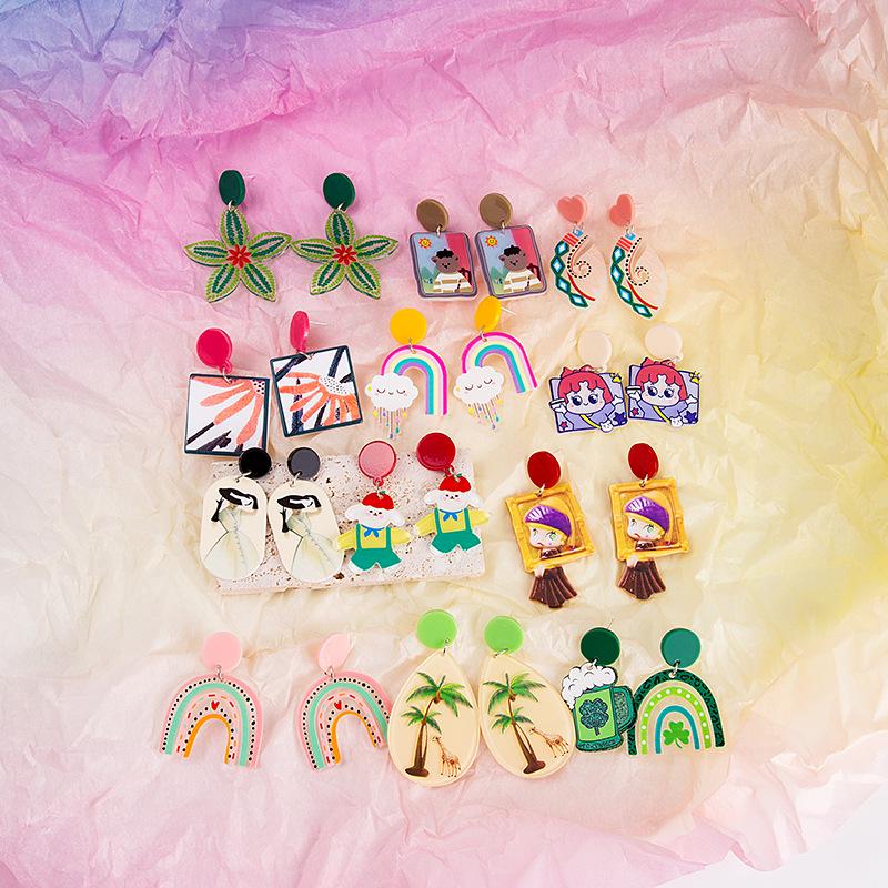 Boucles d'oreilles acryliques poupée de dessin animé géométrique colorée avec fleurs et étoiles arc-en-ciel