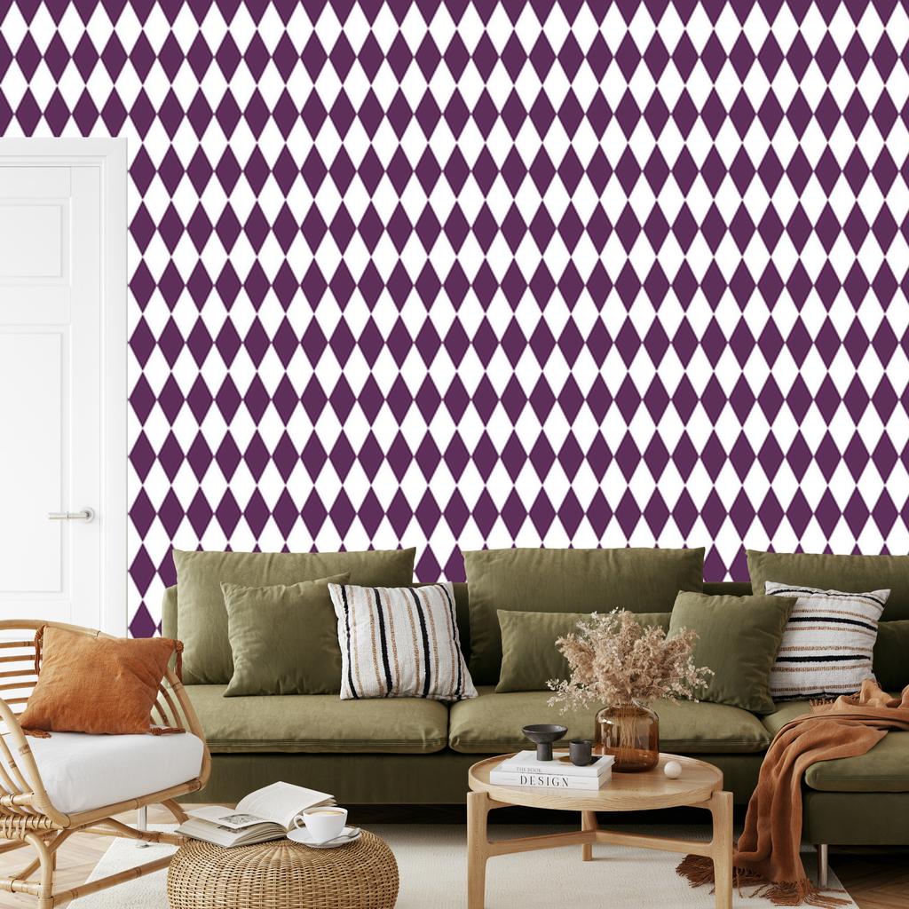 Harlequin Diamonds Wallpaper Light Gray, White, and Plum 50x1000