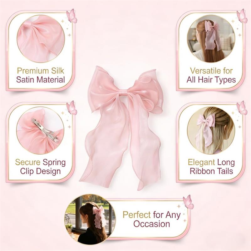 Large Hair Bow Clip with Long Tails Elegant Bows for Women Girls Hair Accessories