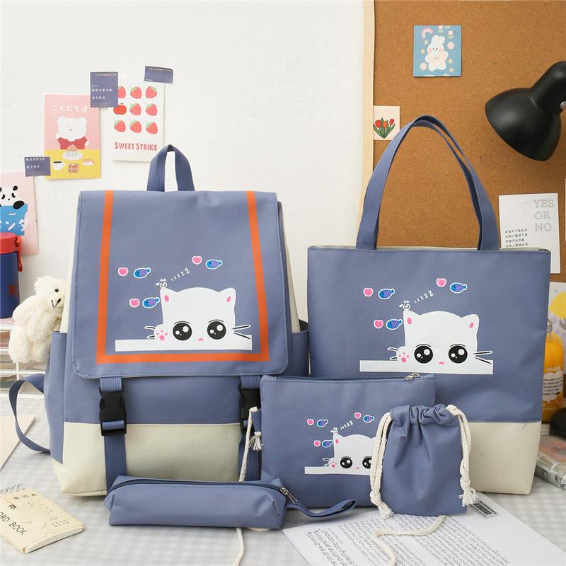 School Bag Academy's New Three Four Five Six Primary School Students Five-piece Backpack Cute Cat Print Middle School Student Schoolbag