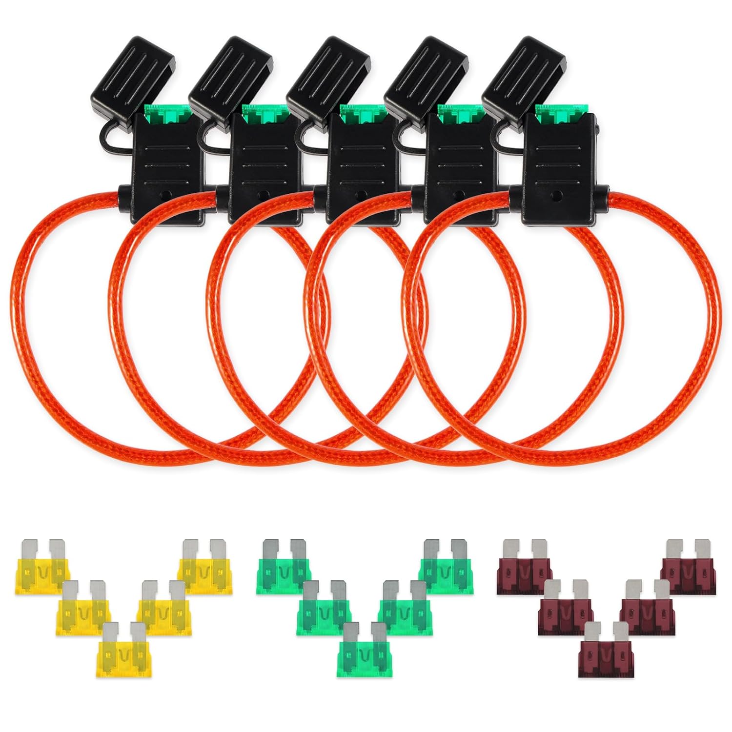 Sinus Live 5 Packs 10 Gauge Inline Fuse Holder, Water Resistant Automotive Blade Fuse Holder With 15 PCS Standard Fuses ATC/ATO (5 Of Each 20A, 30A,
