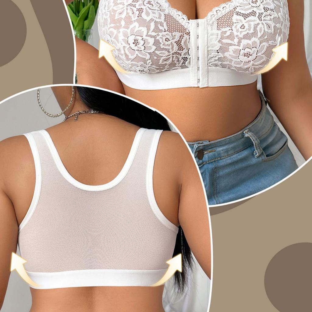 Plus‑Size Full‑Cup Lace Embroidery Push‑Up Bra Front‑Closure Wire‑Free Comfortable Breathable Underwear