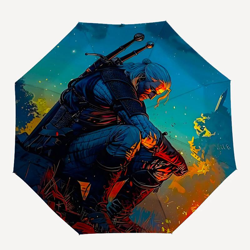 

1pc The Witcher Automatic Umbrella 8 Rib Portable Folding Black Iron Frame for Outdoor, Beach, Travel, Beach Umbrella 209