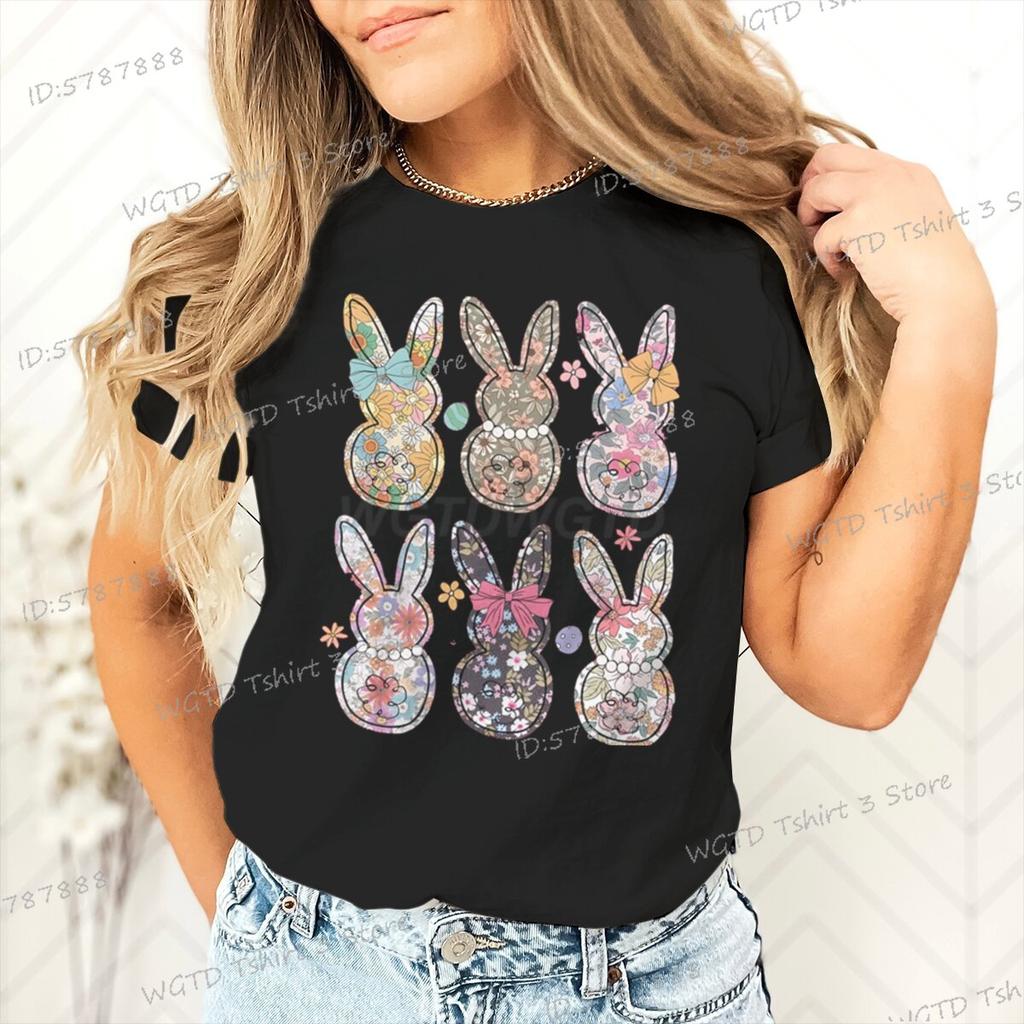 Retro Easter Bunny Floral Design Women Tshirt Graphic Gift for Easter Day Classic Tops Tees Flower Abbit Bunny Vintage T Shirts