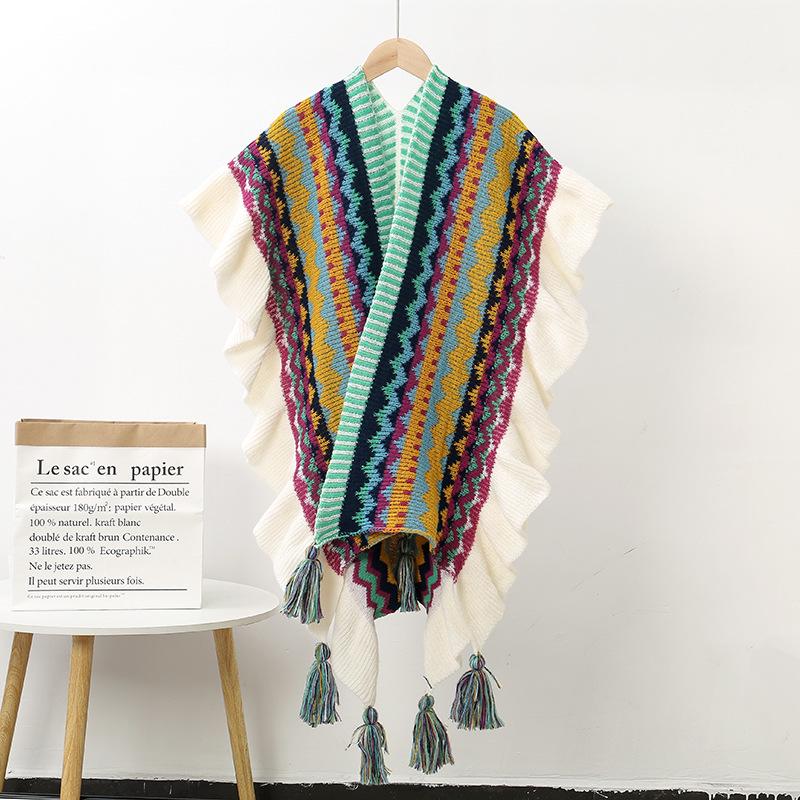 Ruffled Ethnic-Style Knitted Shawl for Travel - Warm & Thickened