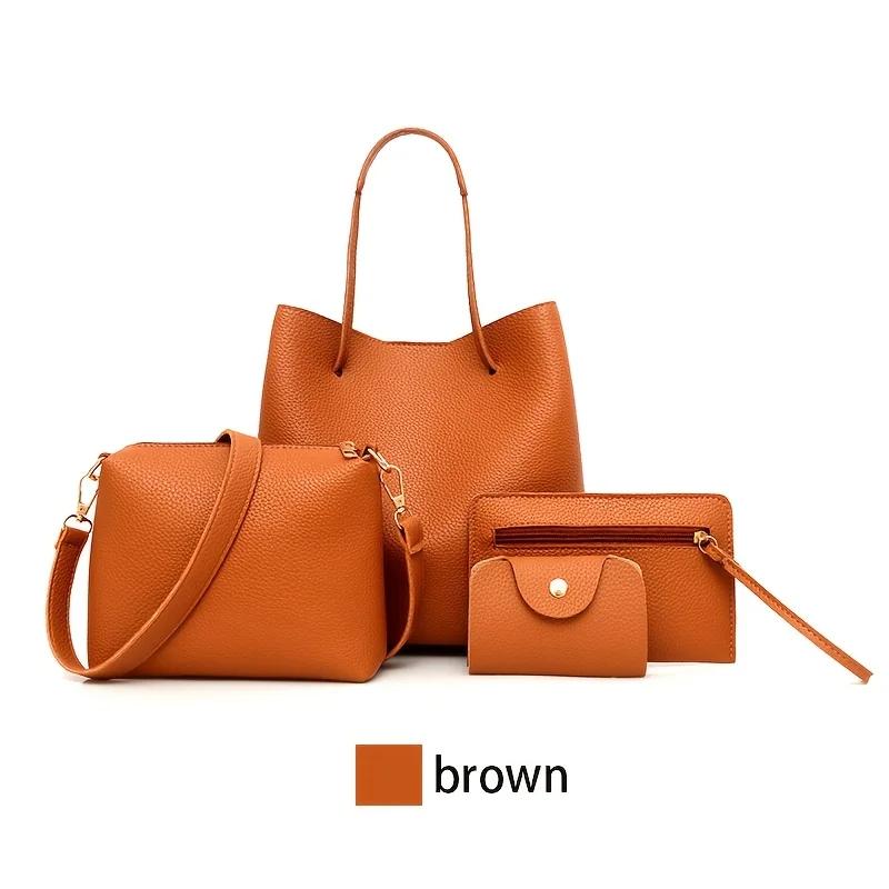 

Набор из 4 предметов Большая вместимость Кожаная сумка-тоут Однотонная Текстура личи Сумка через плечо Сумка-ведро Кошелек Сумка