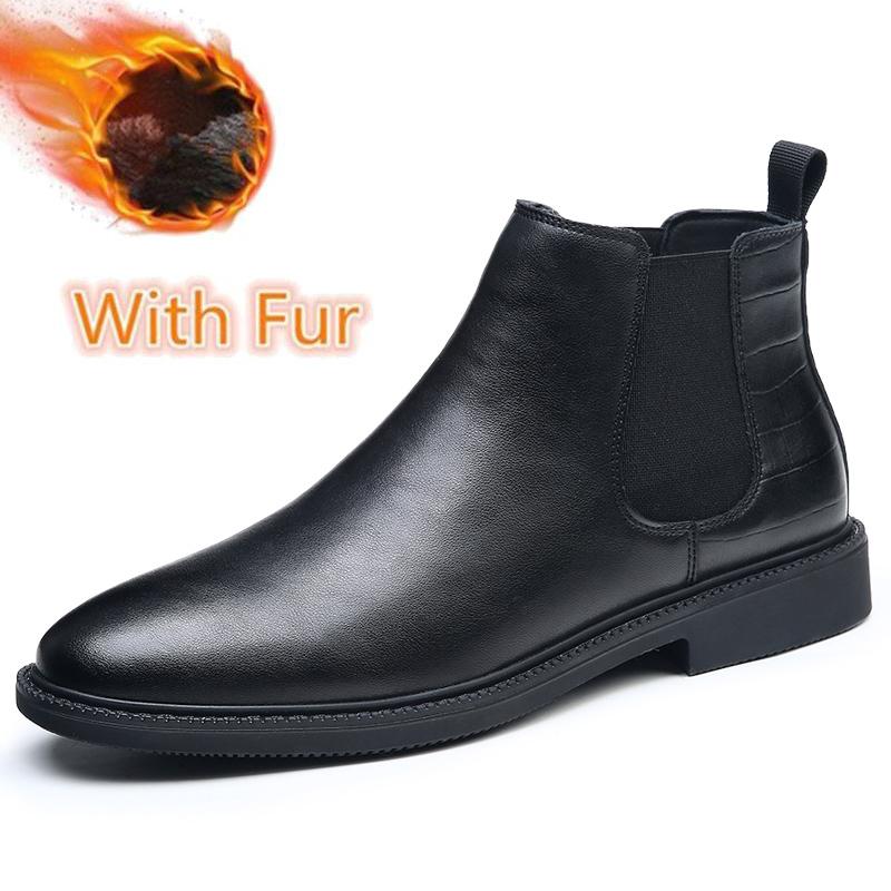 Fashion Warm Plush Fur Men Chelsea Boots New Winter Man Casual Boots Soft Leather Elastic Strap Ankle Boots Slip On Formal Business Shoe