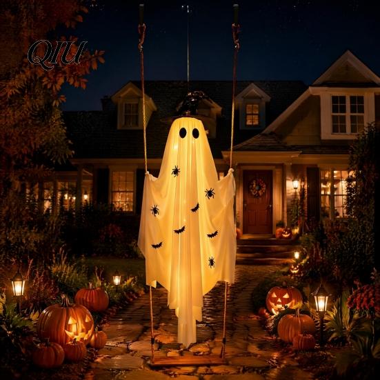Waterproof Fabric Yard Ornaments Large Hanging Swing Ghost Halloween Decoration, 5FT Spooky on A Outdoor for Lawn with Witch Hat Tree Porch
