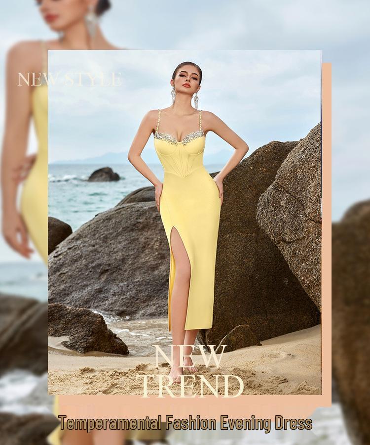 European-American Rhinestone Bandage Evening Dress with Side Slit