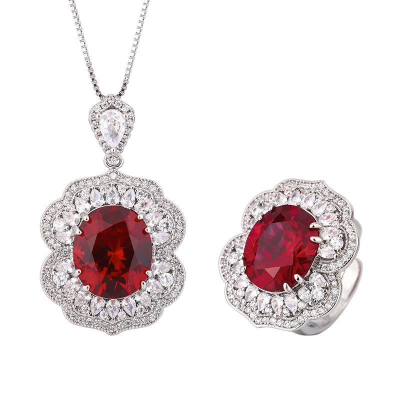 Autumn And Winter Jewelry Copper Bottom Gold-Plated Simulation Red Corundum Sapphire Blue Spinel High-End Suit Women 12 * 14