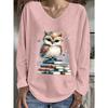 Plus Size Women's Fashion Reading Owl Print Casual Long-Sleeved V-Neck T-Shirt