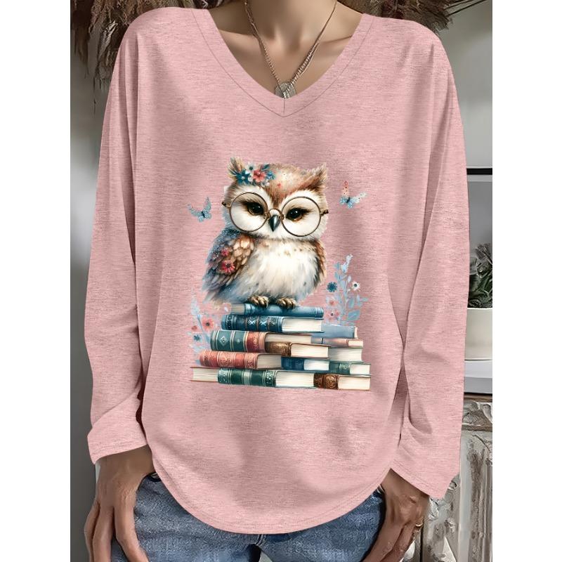 Plus Size Women's Fashion Reading Owl Print Casual Long-Sleeved V-Neck T-Shirt