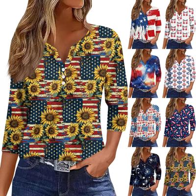 3/4 Length Sleeve Womens Tops Print Vintage Fashion Casual Loose With V Neck Plus Size Shirts Independence Day