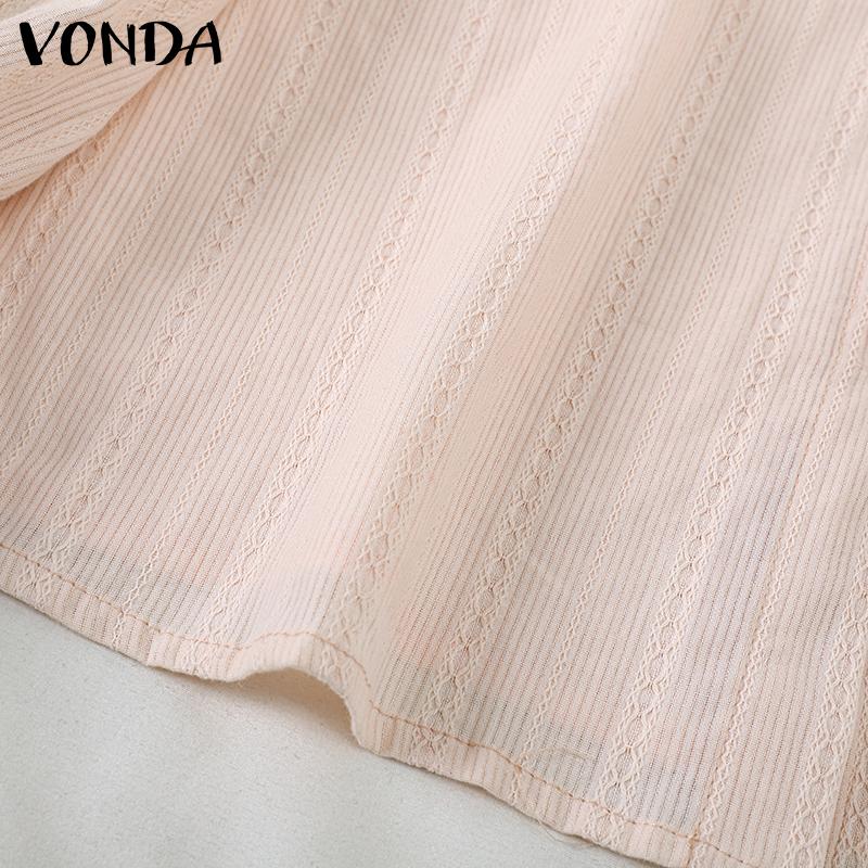 VONDA Women Fashion Solid Color Shirt Collar Striped Ruffle Long Sleeve Shirts