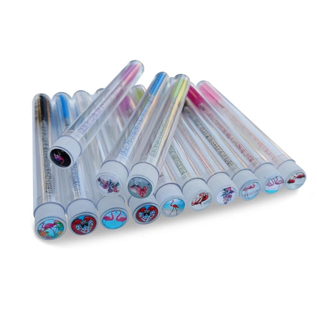 50pcs Flamingo Pattern Eyebrow Brush Tube Disposable Mascara Wands Applicator Tube with Resin Drill for Eyelash Extension