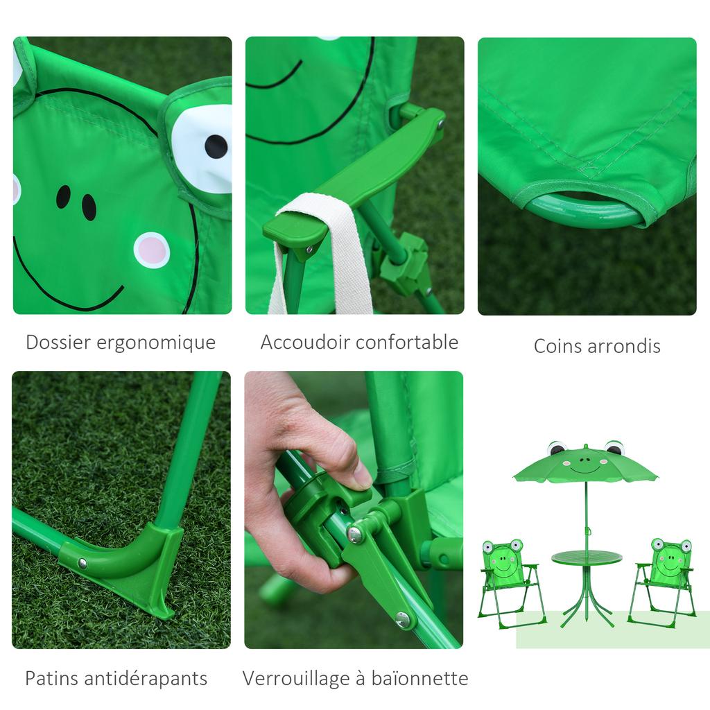 4-teiliges Gartensitzmöbel-Set für Kinder mit Froschmotiv - Runder Tisch + 2 Klappstühle + Sonnenschirm - Grün Oxford Epoxidbeschichtetes Metall
